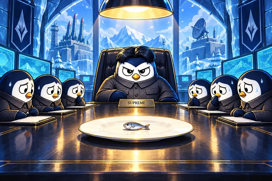 Six nervous advisers around a table with one tiny fish