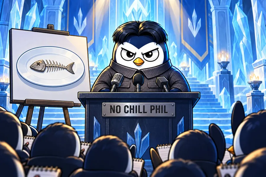 Phil at a podium marked NO CHILL PHIL beside a drawing of a fish skeleton