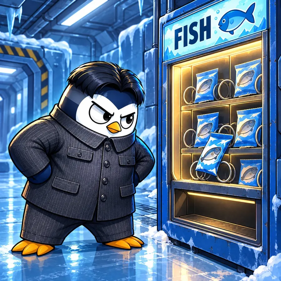 Phil glares at a fish vending machine with a snack stuck in the rack